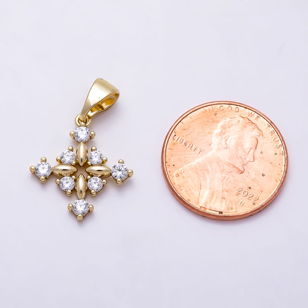 14K Gold Filled 17mm Clear CZ Round Teardrop Geometric Rhombus Religious Cross Pendant | Charms-02188