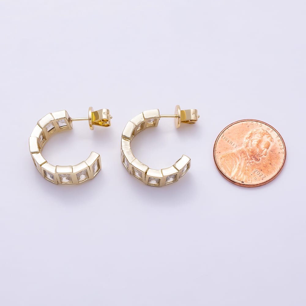 14K Gold Filled 21mm Clear CZ Baguette Bezel C-Shaped Hoop Earrings | Earrings-01144