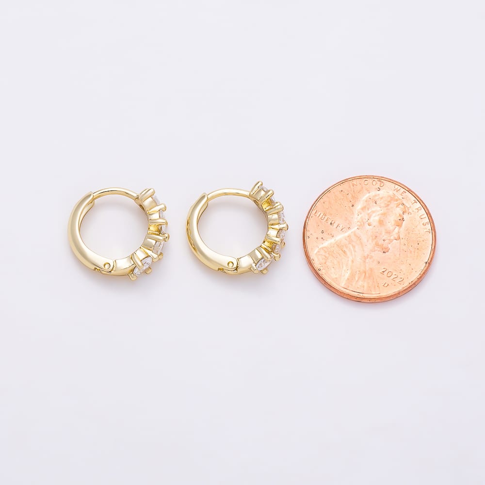 14K Gold Filled 14mm Clear Round CZ Prong Lined Edged Geometric Huggie Hoop | Earrings-01209