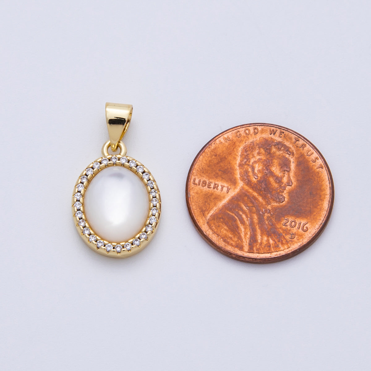 14K Gold Filled 16mm Shell Pearl Cabochon Micro Paved CZ Oval Pendant | AA1510