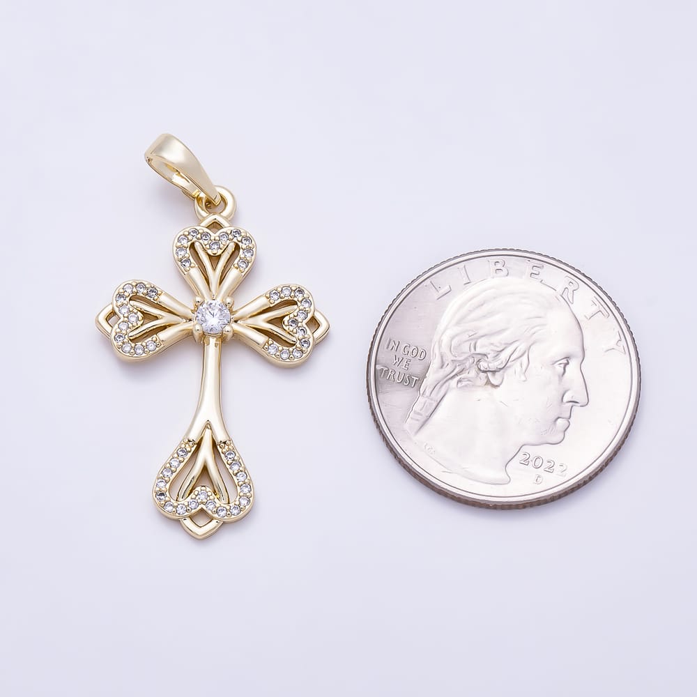 16K Gold Filled 32mm Micro Paved CZ Heart Passion Cross Religious Pendant | Charms-02306