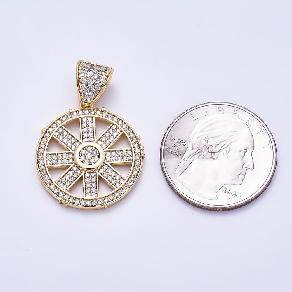 16K Gold Filled 24mm Open Micro Paved CZ Band Geometric Wheel Pendant | Charms-02305