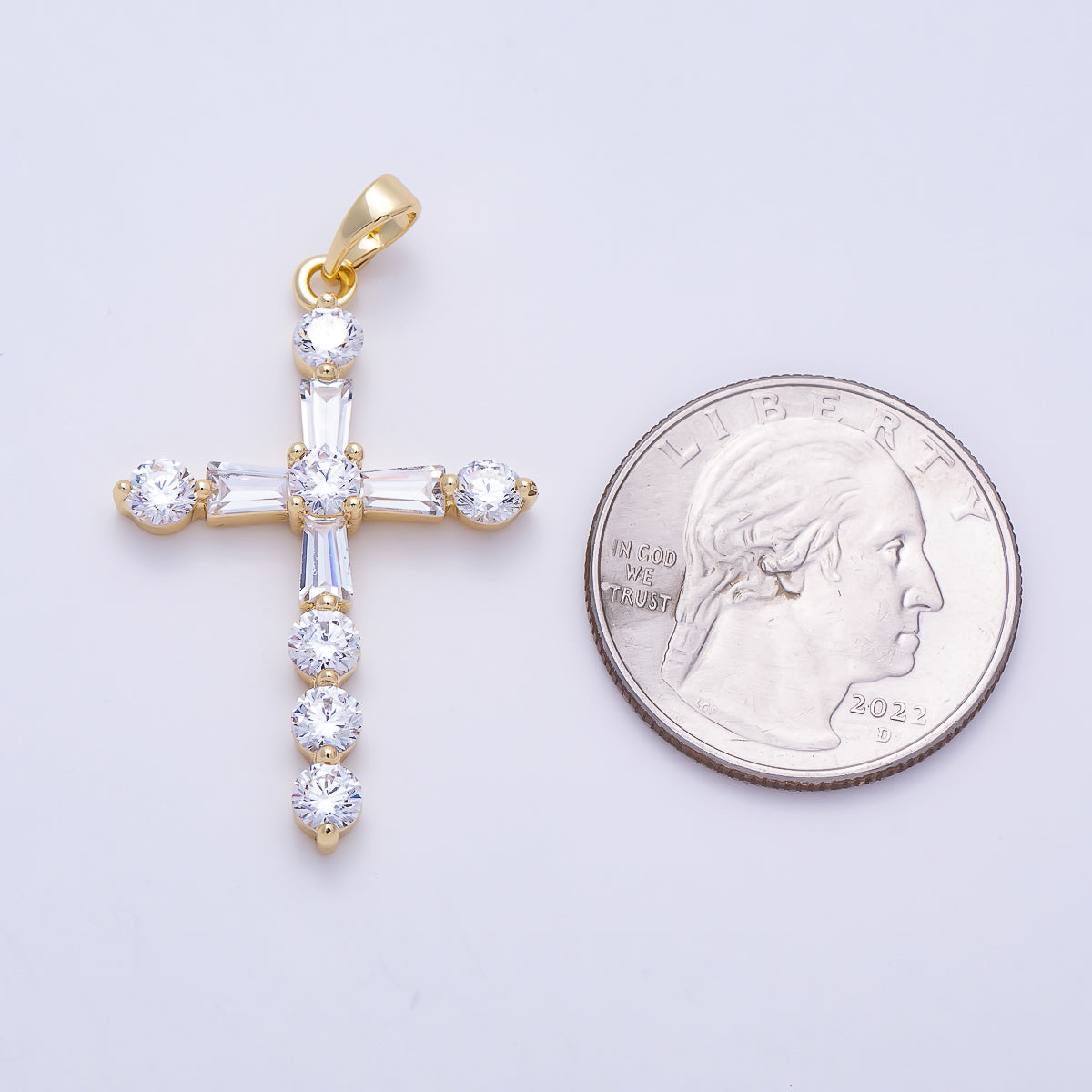 16K Gold Filled 35mm Clear CZ Baguette Round Religious Cross Pendant | Charms-01540