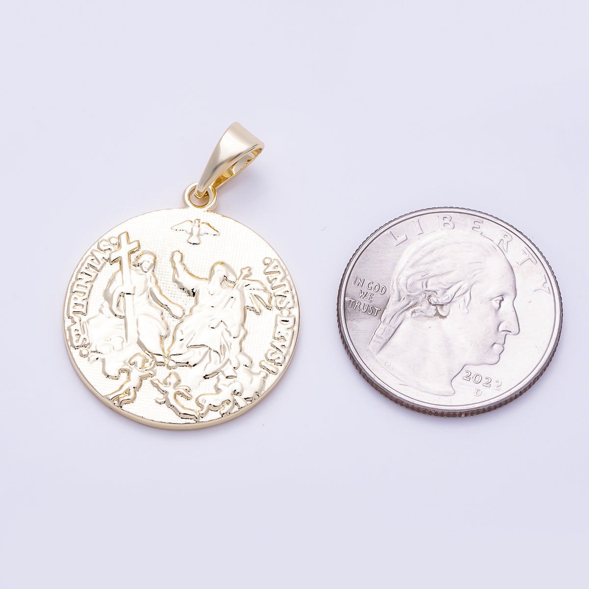 16K Gold Filled 28mm Minimalist Holy Trinity Religious Double Sided Round Pendant | Charms-01471
