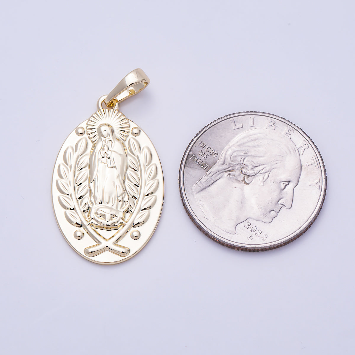 16K Gold Filled 30mm Wheat Our Lady of Guadalupe Mary Religious Oval Pendant | Charms-01477