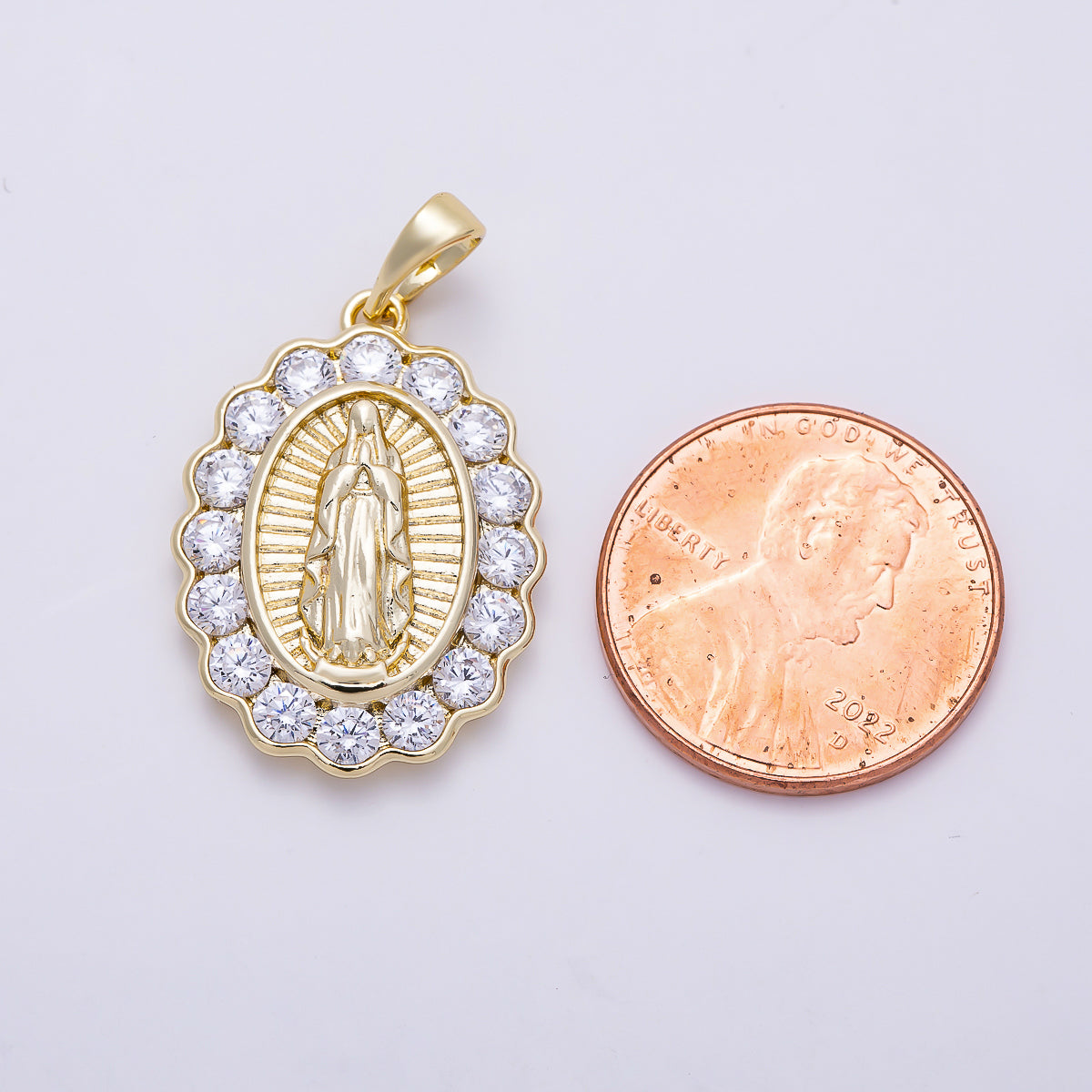 16K Gold Filled 25mm Virgin Mary Sunburst CZ Bezel Oval Pendant | Charms-01541