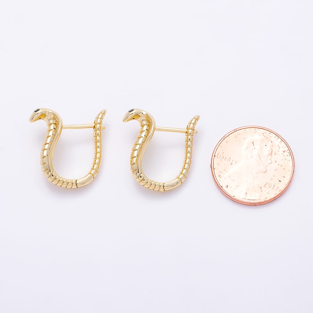 16K Gold Filled 19mm Green CZ Eyes Textured Snake Huggie Hoop Earrings| Earrings-00955 - Earrings-00956