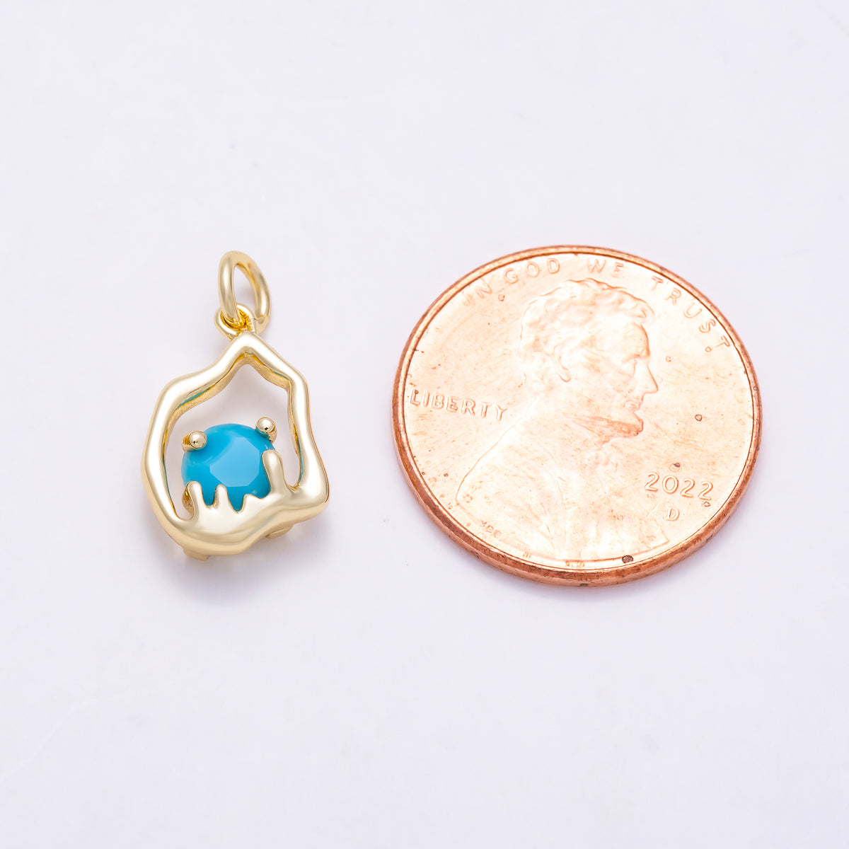 16K Gold Filled 14mm Turquoise Gemstone Round Irregular Geometric Molten Open Bezel Charm | Charms-02057