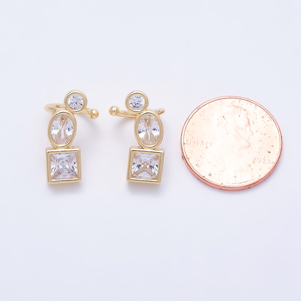 16K Gold Filled 17mm Clear CZ Round Oval Square Bezel Ear Cuff Earrings in Gold & Silver | AI00021 AI00022