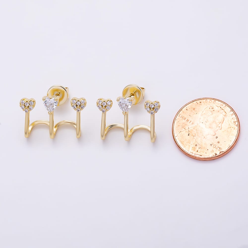 16K Gold Filled 17mm Clear CZ Claw Triple Curved Stem Heart Stud Earrings| Earrings-00976