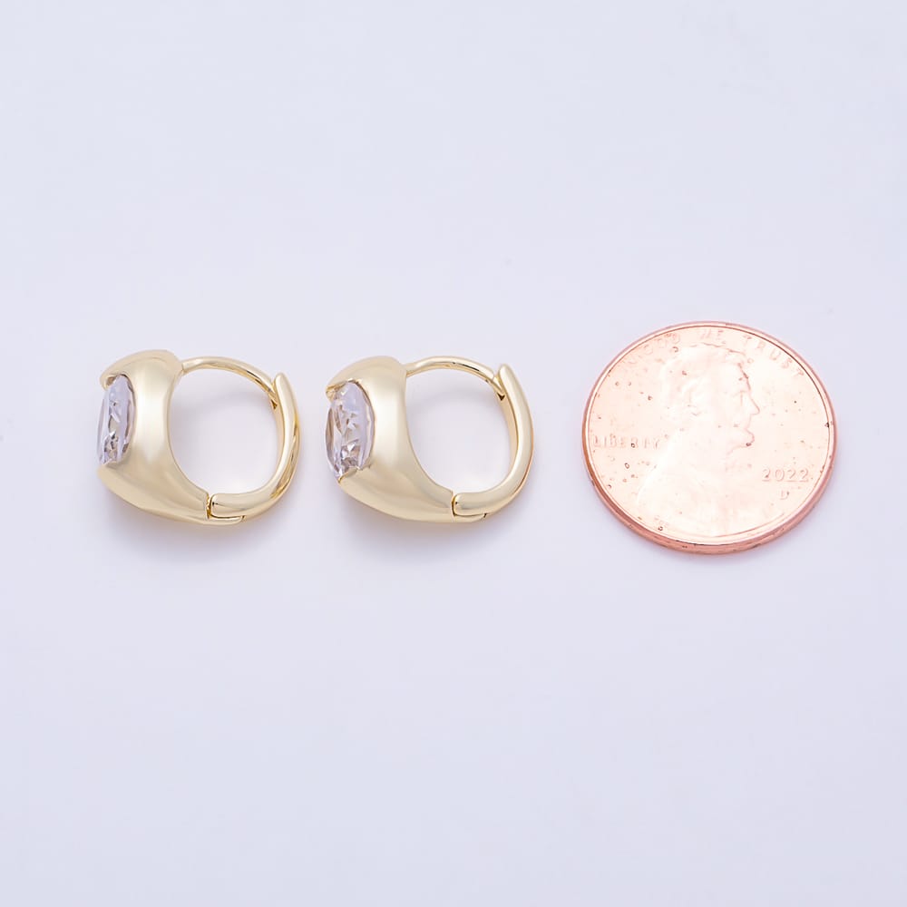 16K Gold Filled 15mm Round Clear CZ Solitaire Chunky Huggie Hoop Earrings | Earrings-00939