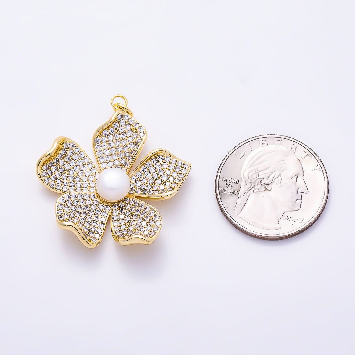 16K Gold Filled 35mm White Shell Pearl Micro Paved CZ Wavy Petal Flower Pendant | Charms-01676