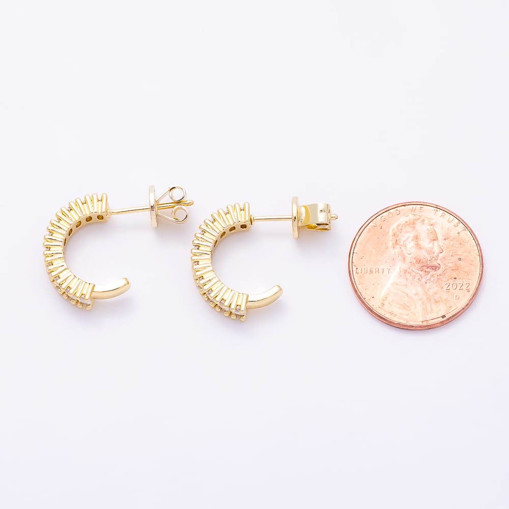 16K Gold Filled 16mm Clear CZ Oval Lined C-Shaped Hoop Earrings | Earrings-01094