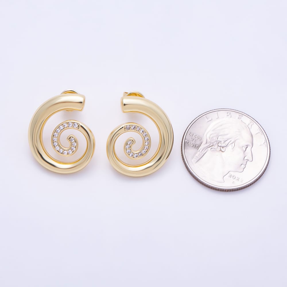 16K Gold Filled 20mm Clear Micro Paved CZ Spiral Swirl Geometric Stud Earrings | Earrings-01086