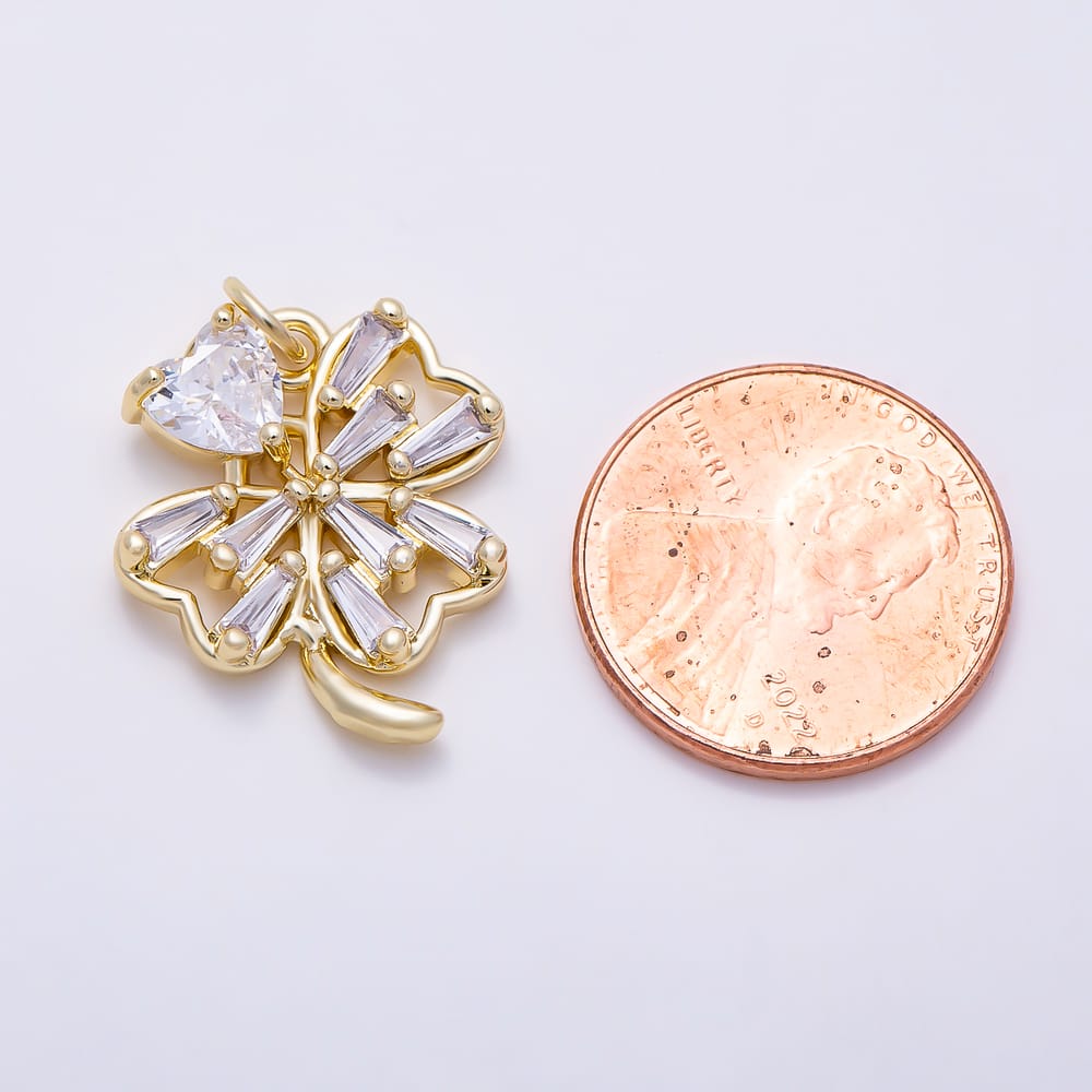 16K Gold Filled 22mm Clear Baguette Heart CZ Four Leaf Lucky Clover Flower Charm | Charms-02243