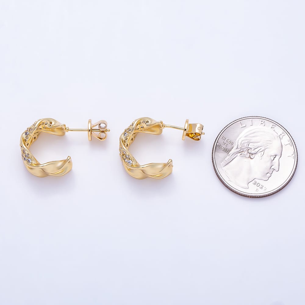 16K Gold Filled 25mm Micro Paved CZ Intertwined Leaf C-Hoops Earrings| Earrings-00943