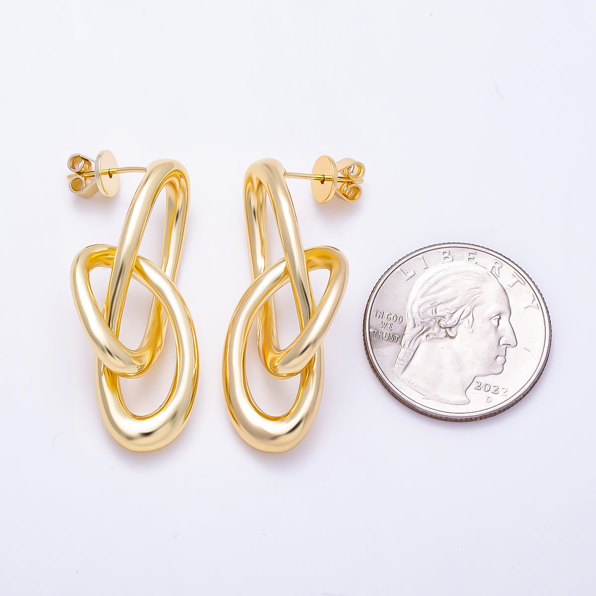 16K Gold Filled 38mm Chunky Interlocking Double Oval Link Drop Earrings | Earrings-00805