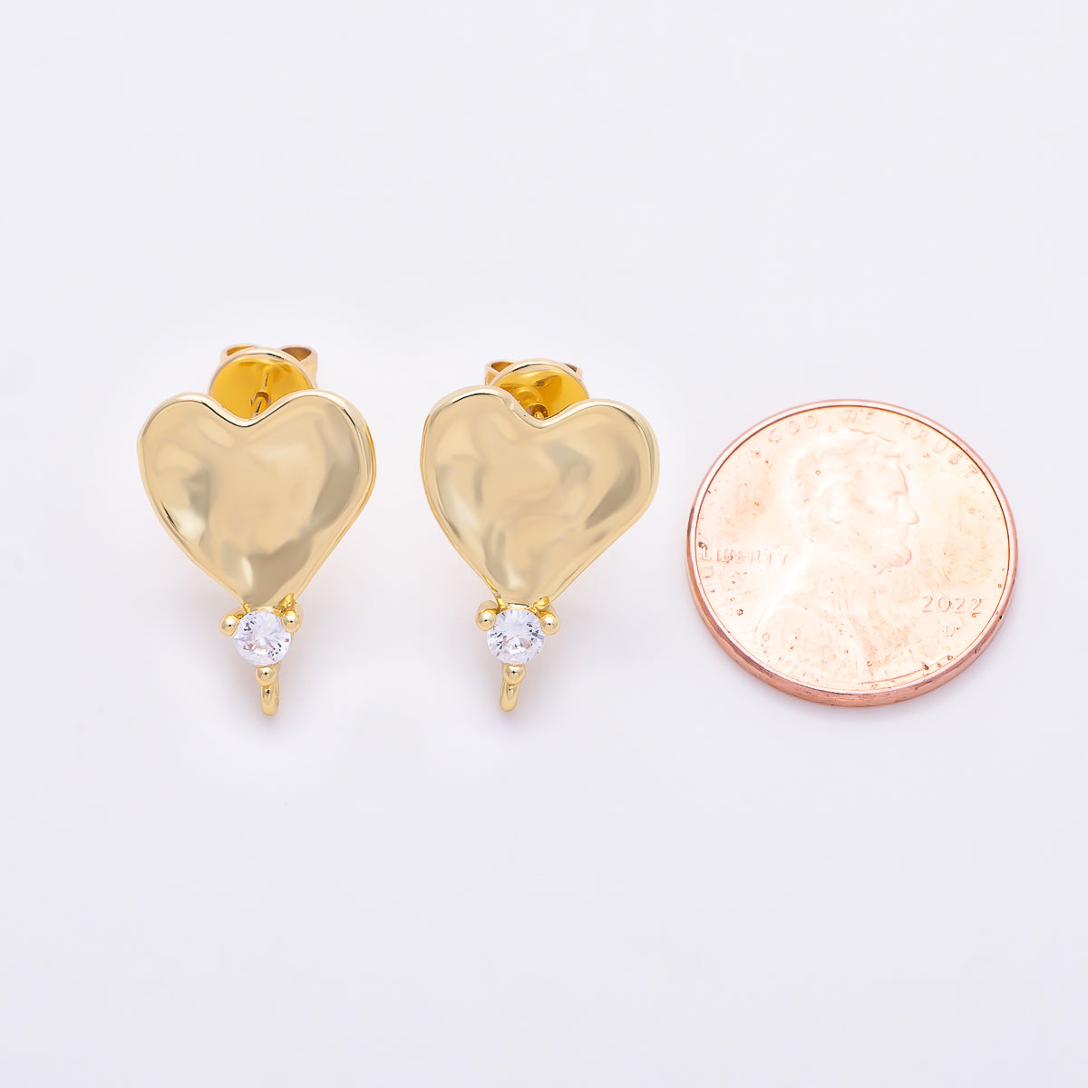 16K Gold Filled 18mm Clear CZ Hammered Heart Drop Stud Earring Findings | Findings-00509