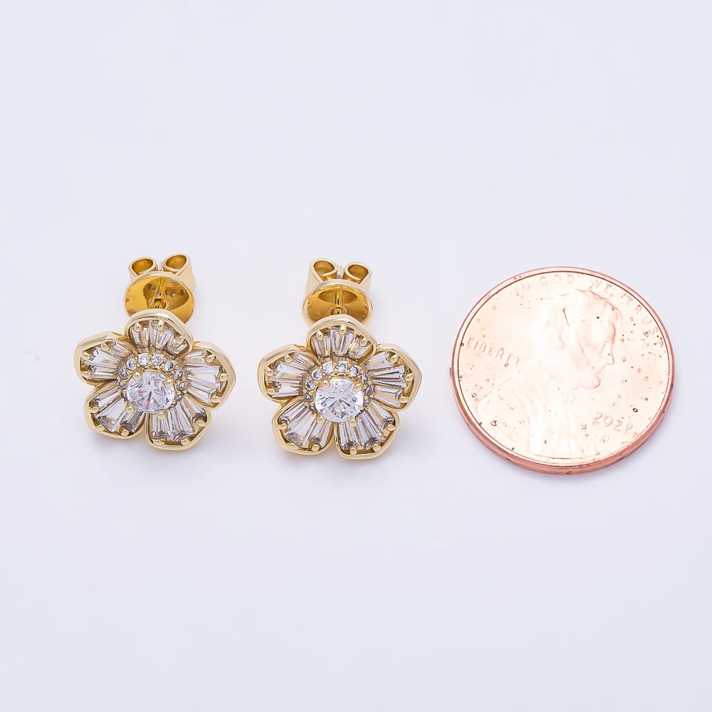 16K Gold Filled 13mm Baguette Micro Paved CZ Flower Stud in Gold & Silver | Earrings-01042 Earrings-01043