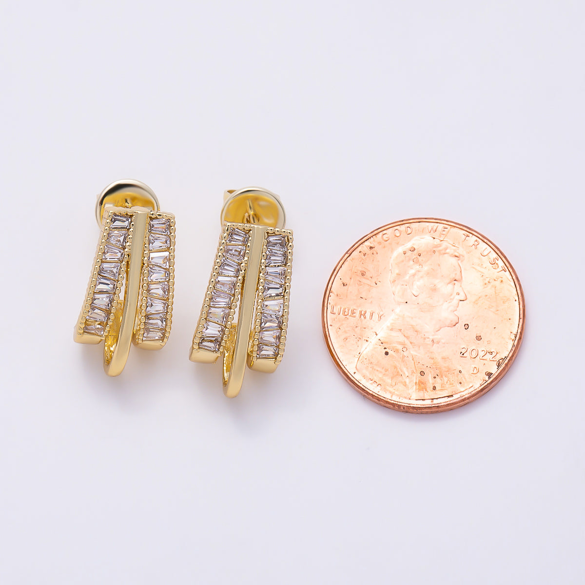 16K Gold Filled 16.5mm Baguette Triple Band J-Shaped Hoop Earrings | Earrings-00720