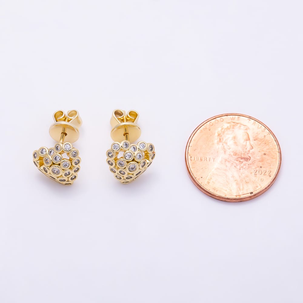 16K Gold Filled 10mm Clear CZ Round Bezel Dome Heart Stud Earrings | Earrings-01096