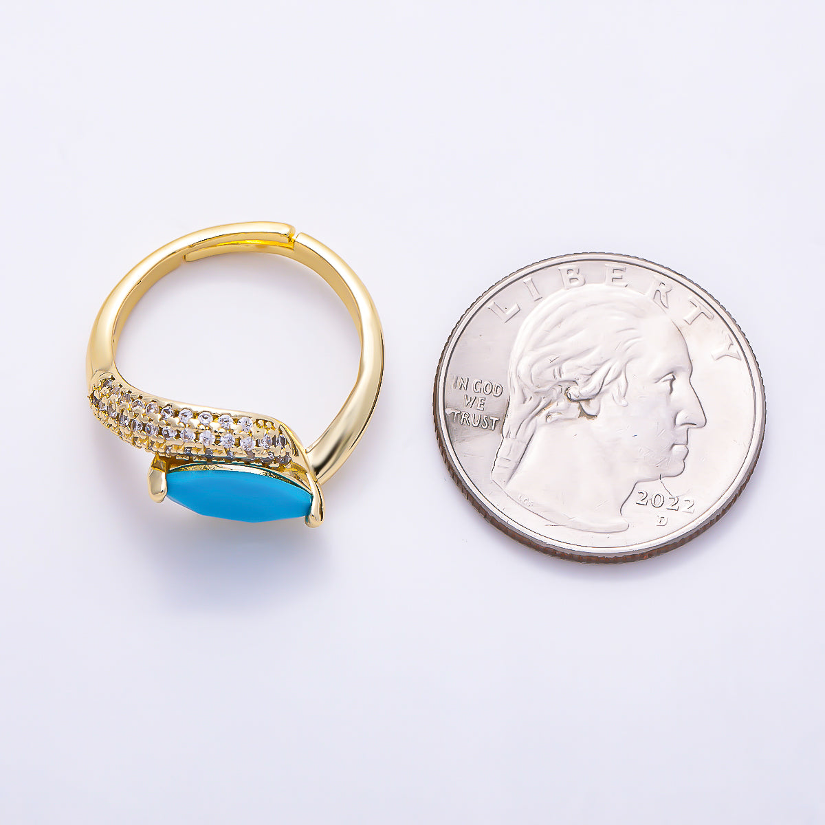 16K Gold Filled Marquise Turquoise Micro Paved CZ Bypass Adjustable Ring | Rings-00371