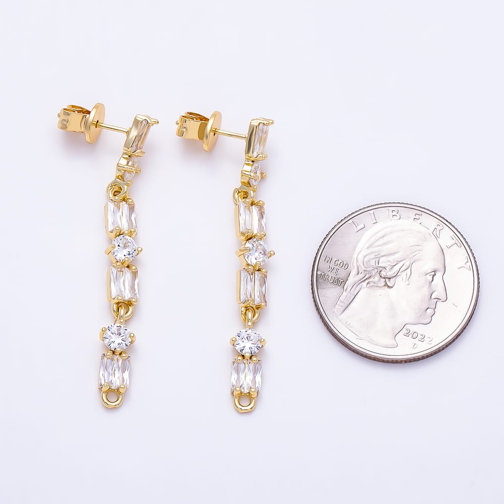16K Gold Filled 44mm Long Linear Baguette & Round CZ Drop Stud Earring | Findings-00548