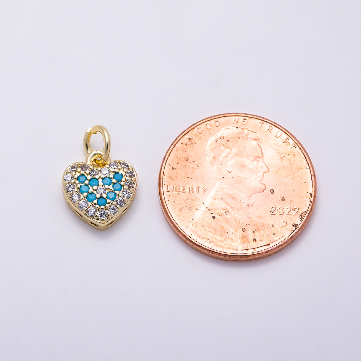 16K Gold Filled 10mm Turquoise and Clear Micro Paved CZ Puffy Heart Charm | Charms-01617