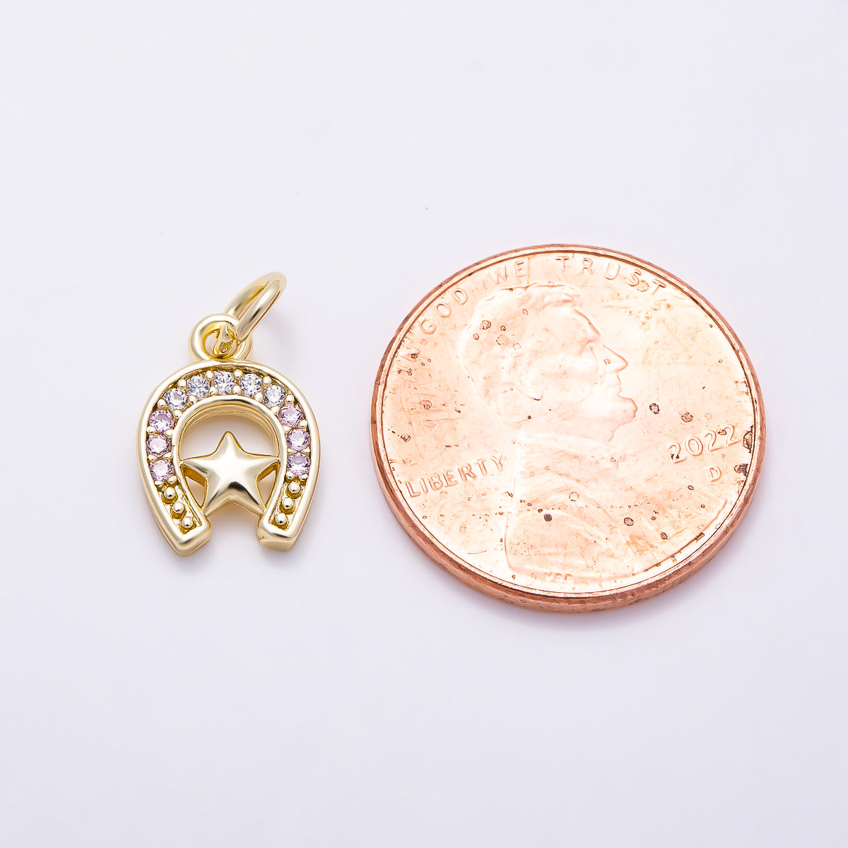 16K Gold Filled 12mm Clear & Pink Micro Paved CZ Plain Star Lucky Horseshoe Charm | Charms-01629 - Charms-01630