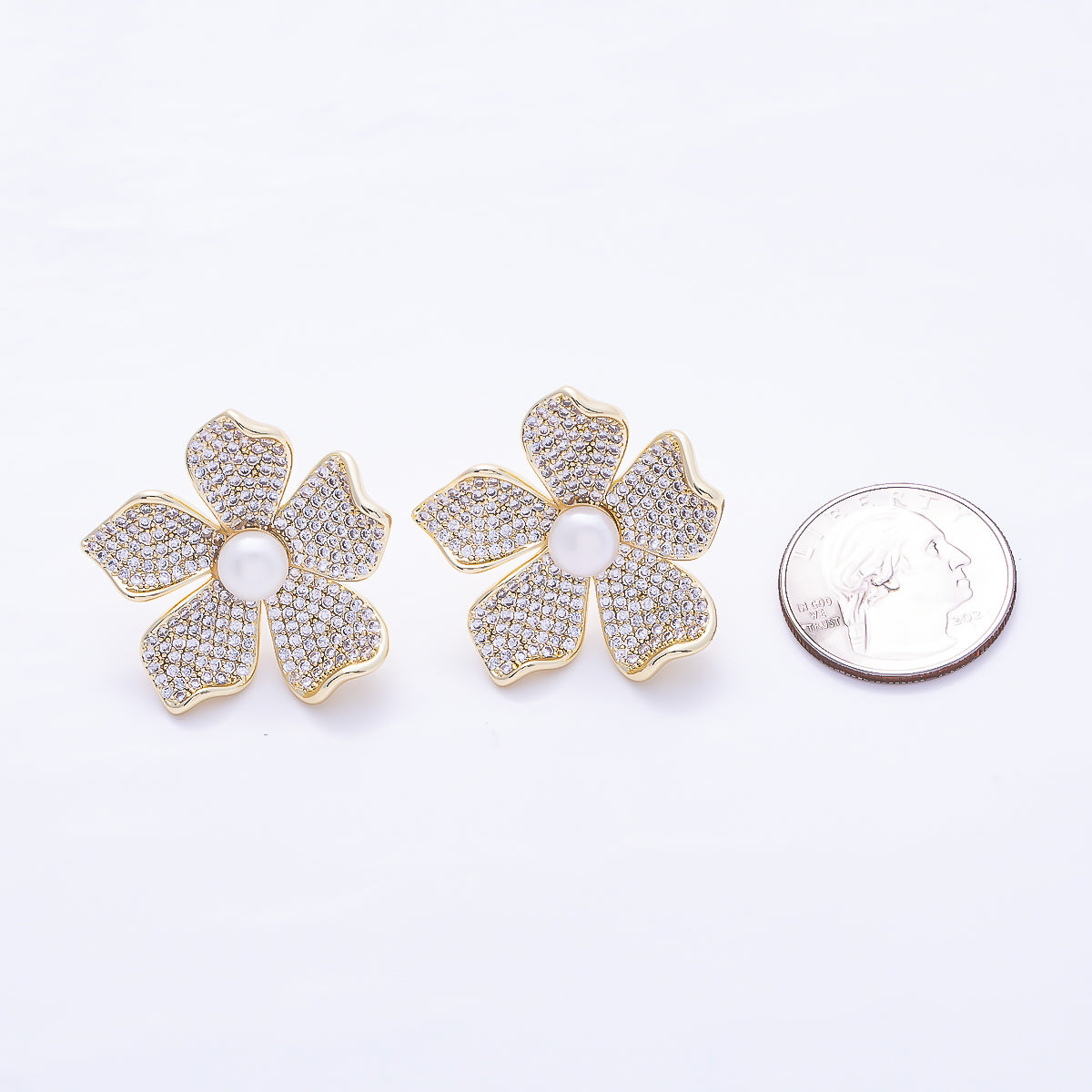 16K Gold Filled 32mm Shell Pearl Micro Paved CZ 5-Petal Flower Stud Earrings | Earrings-00806