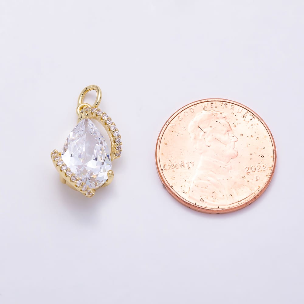 16K Gold Filled 17mm Clear Teardrop Micro Paved CZ Swirl Solitaire Charm in Gold & Silver | Charms-02249 Charms-02250
