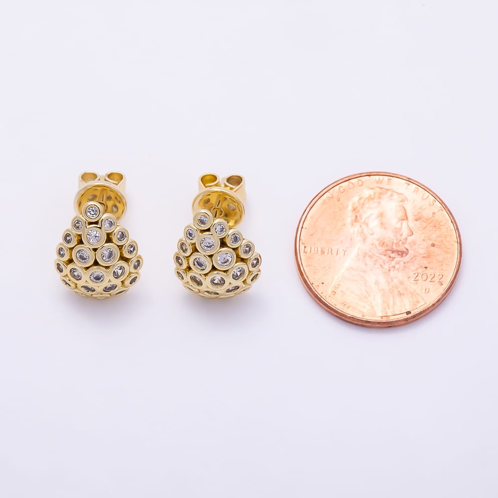 16K Gold Filled 13mm Clear CZ Round Bezel Dome Teardrop Stud Earrings | Earrings-01095