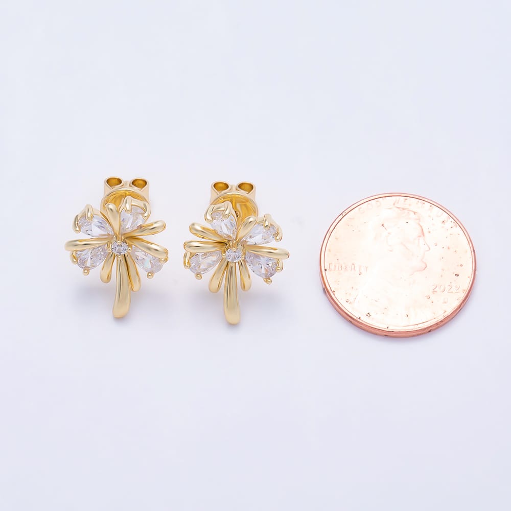 16K Gold Filled 16mm Teardrop CZ Ribbon Flower Stud Earrings | Earrings-01038 - Earrings-01039