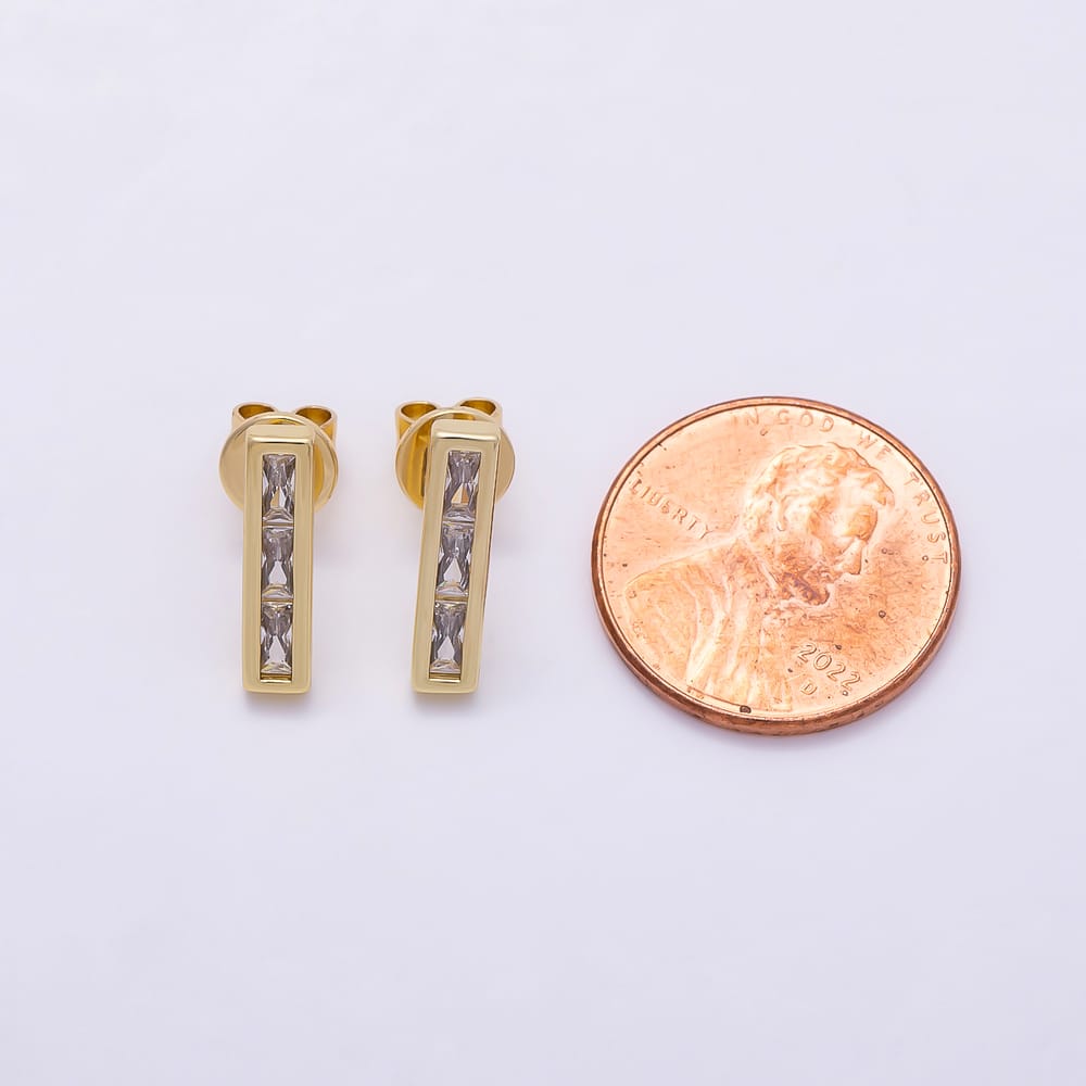 16K Gold Filled 14mm Vertical Bar Clear Baguette CZ Stud Earrings | Earrings-00931