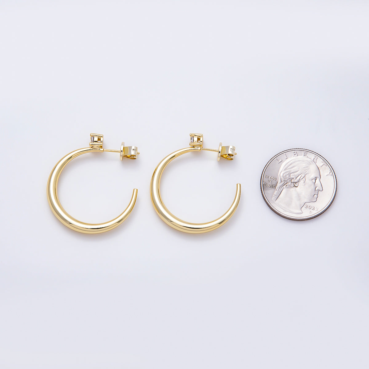 16K Gold Filled 33mm Solitaire CZ Open C- Hoop Earrings in Gold & Silver | Earrings-00811 - Earrings-00812