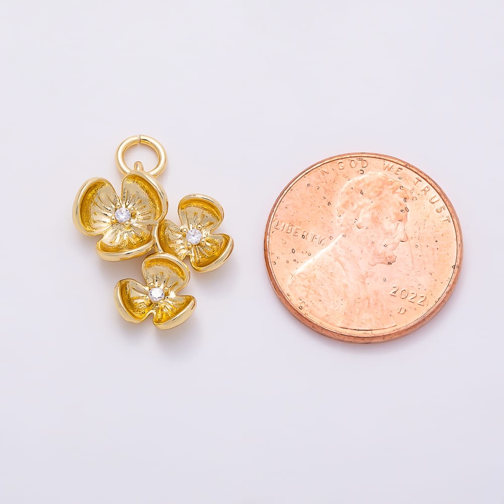 16K Gold Filled 17mm Triple Clear CZ Lined Petal Flower Round 3D Multidimensional Charm | Charms-02398