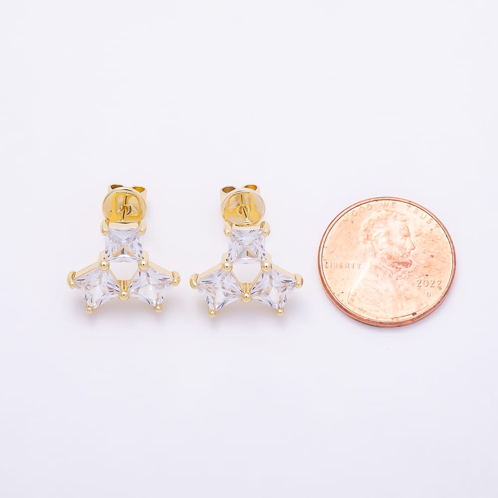 16K Gold Filled 13mm Clear CZ Rhombus Triple Cluster Stud Earrings | Earrings-01092
