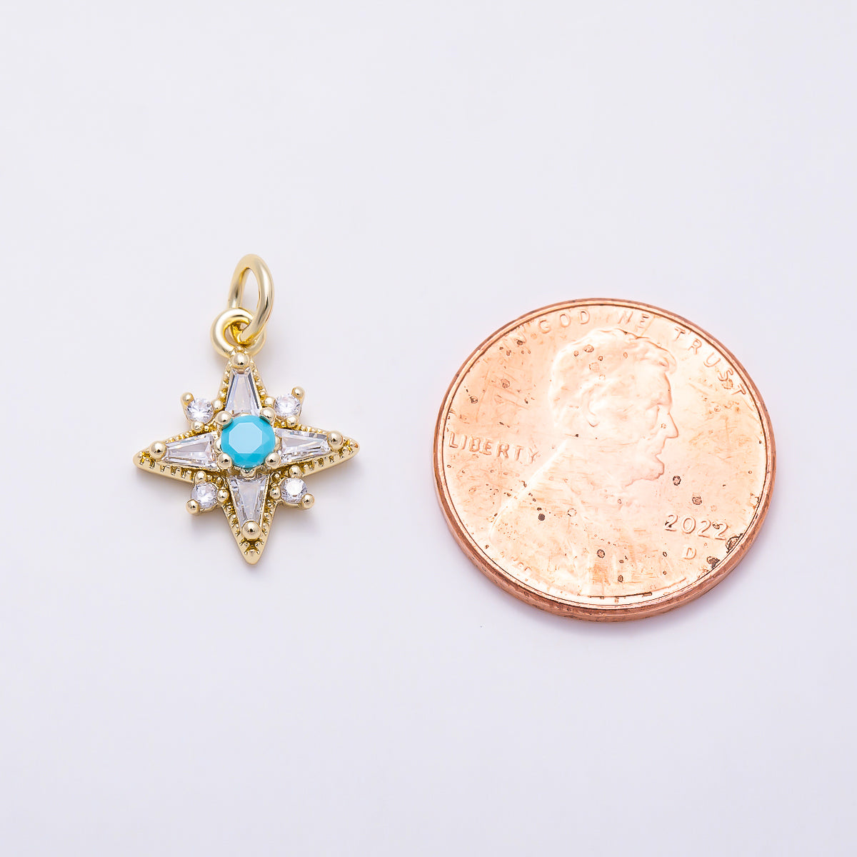 16K Gold Filled 15mm Blue Turquoise CZ North Star Celestial Charm | Charms-01603