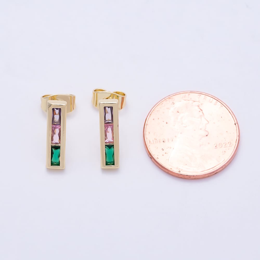 16K Gold Filled 13mm Vertical Bar Multi-Color Baguette CZ Stud Earrings | Earrings-00932 - Earrings-00933