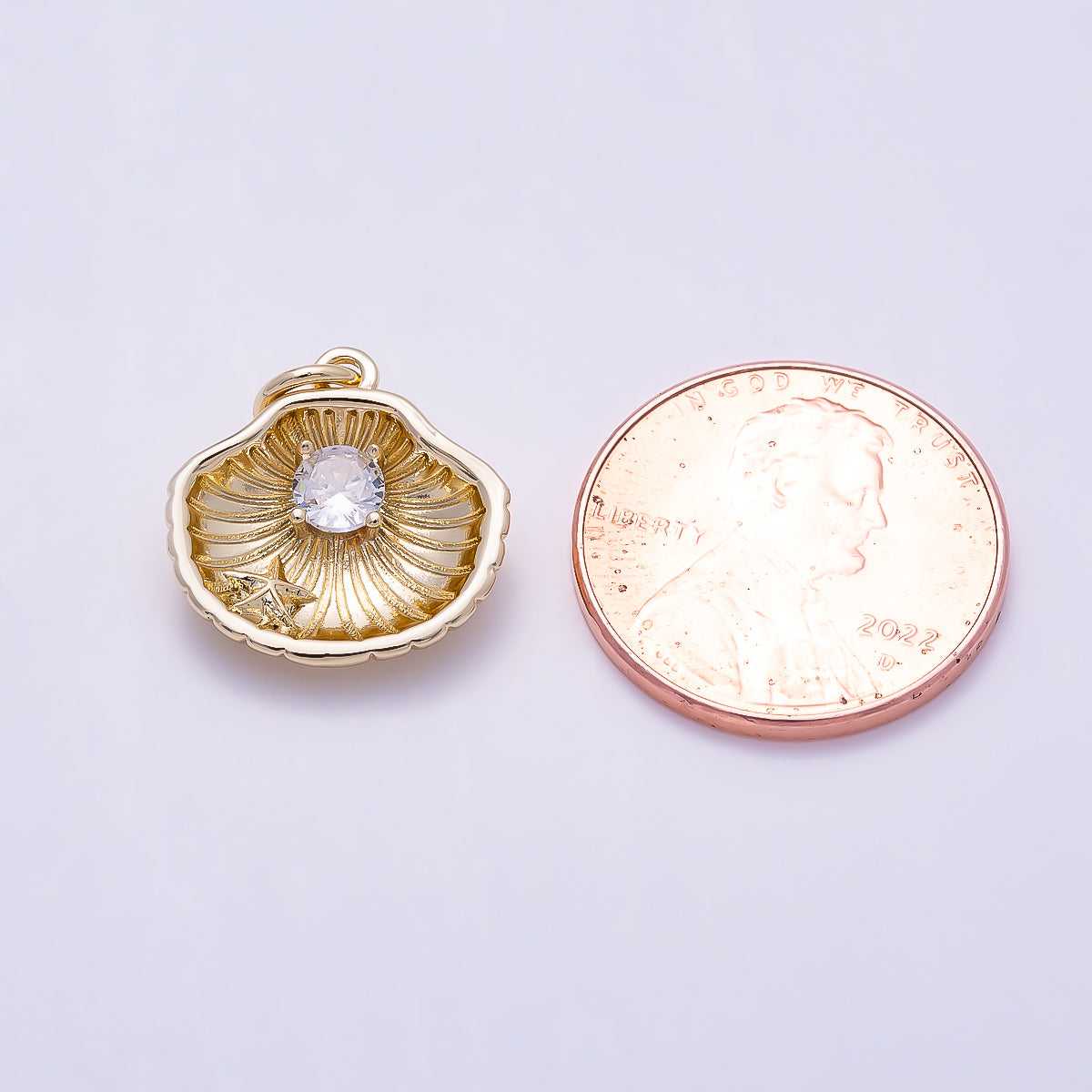 16K Gold Filled 15mm Round CZ Nautical Seashell Ocean Charm | Charms-01637