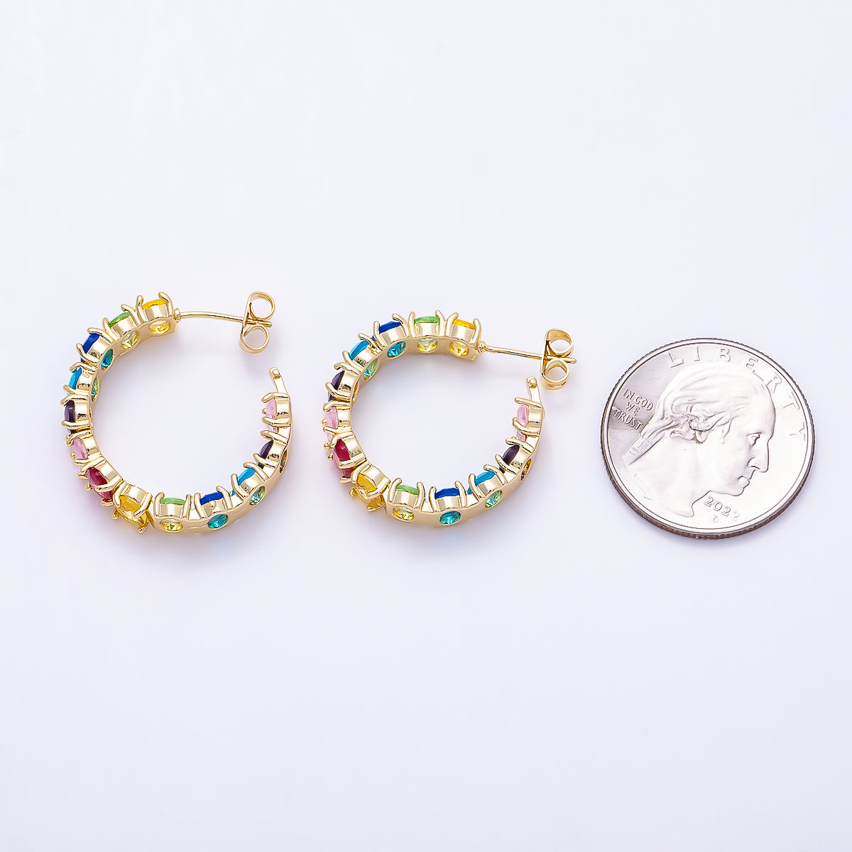 16K Gold Filled 27mm Rainbow Multicolor Oval CZ C-Shaped Hoop | Earrings-00802