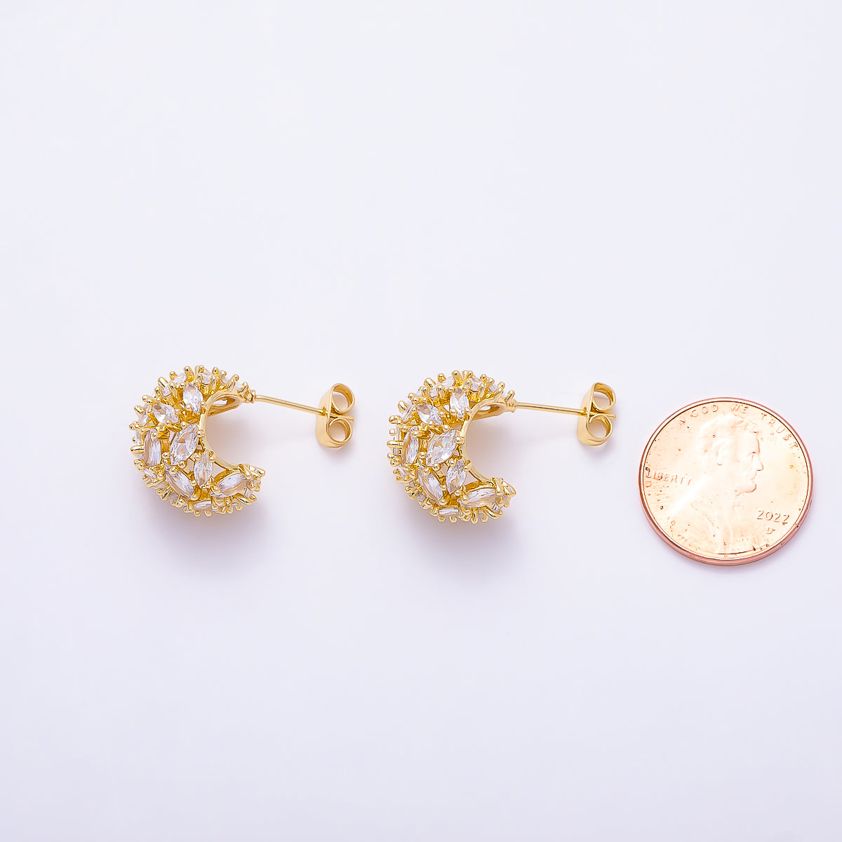 16K Gold Filled 16mm Clear CZ Marquise Cluster C-Shaped Dome Hoop | Earrings-00723