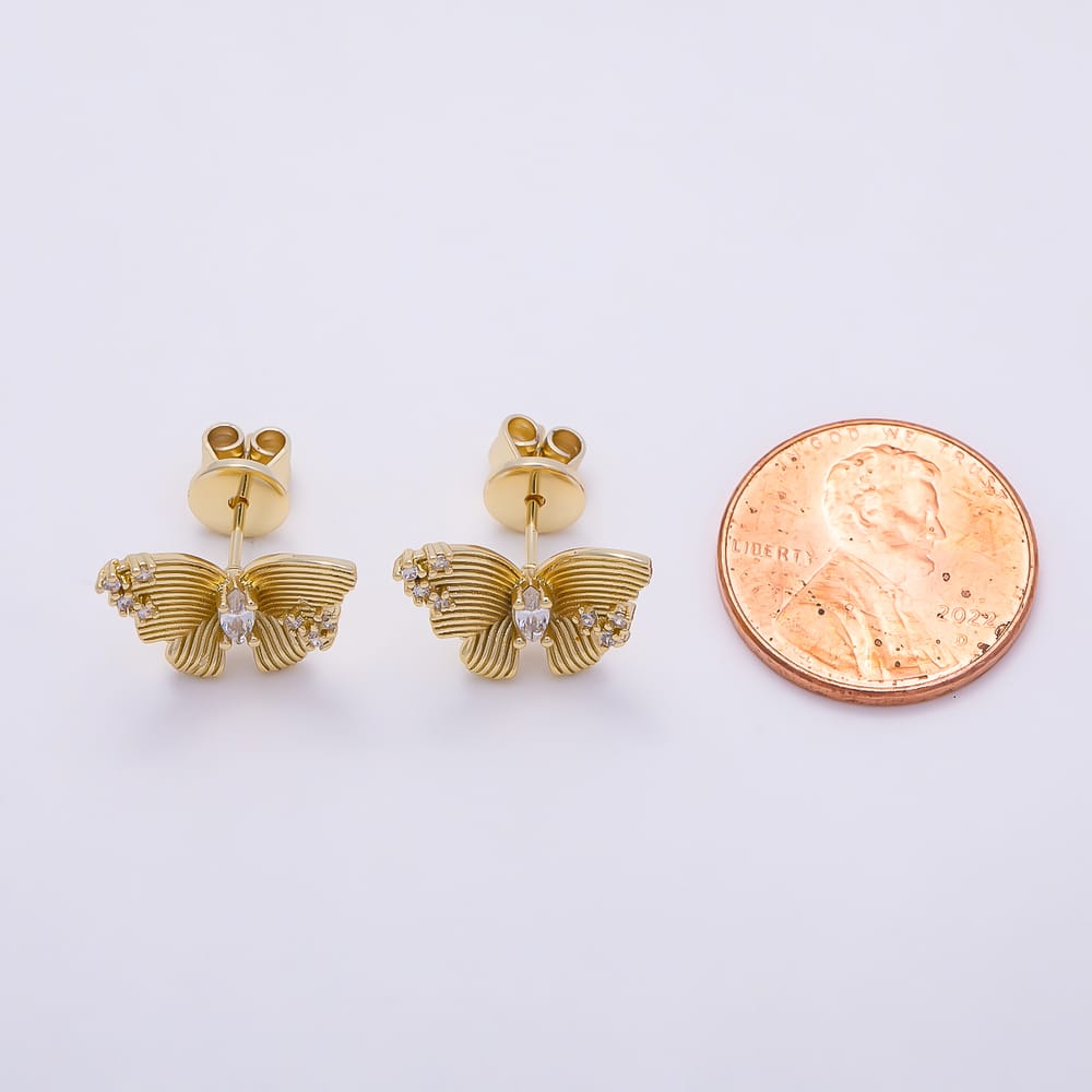 16K Gold Filled 17mm Textured Butterfly Marquise CZ Animal Stud Earrings| Earrings-00971