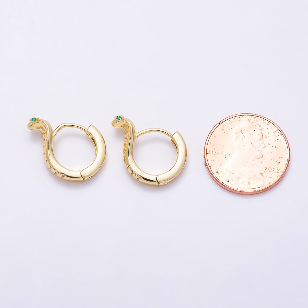 16K Gold Filled 16mm Green CZ Serpent Snake Cartilage Huggie Earrings in Gold & Silver | Earrings-01084 Earrings-01085