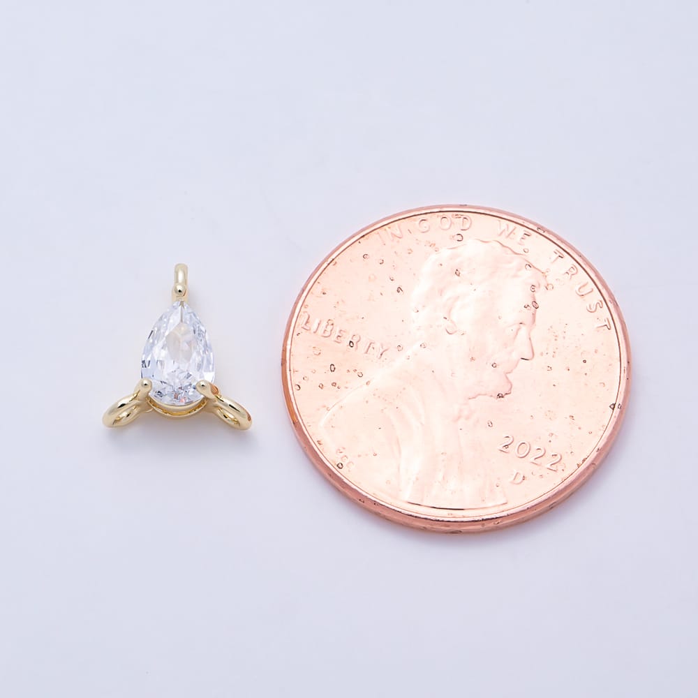 16K Gold Filled 9mm Clear CZ Teardrop Solitaire Triple Loop Connector | Connectors-00072