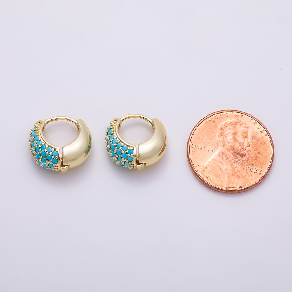16K Gold Filled 13mm Turquoise Micro Paved Chubby Cartilage Huggie Earrings | Earrings-01097