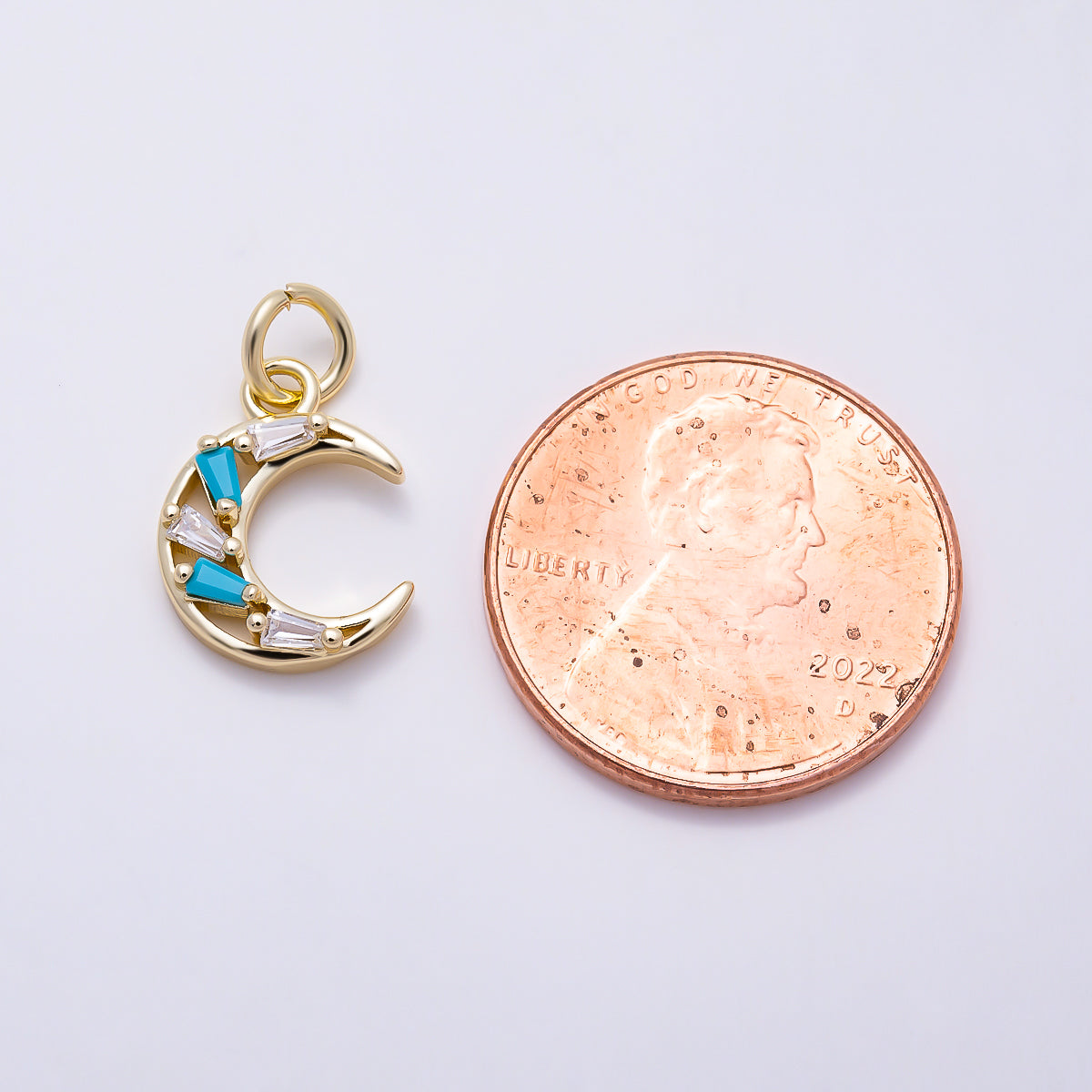 16K Gold Filled 13mm Turquoise & Clear CZ Celestial Crescent Moon Charm | Charms-01627