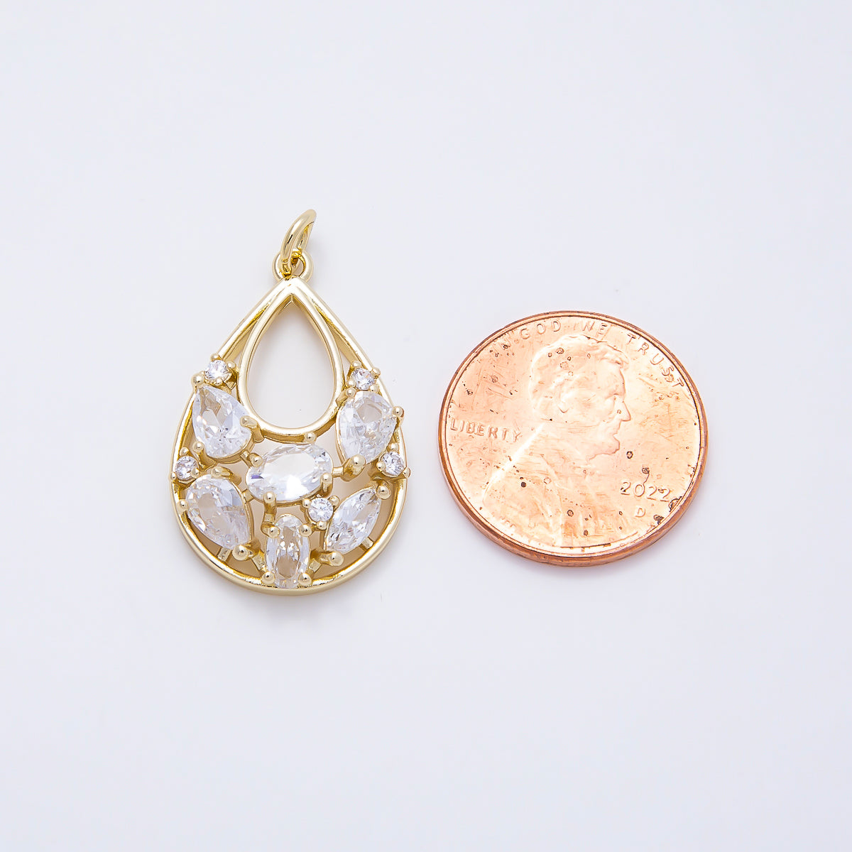 16K Gold Filled 26mm Clear CZ Cluster Teardrop Open Charm | Charms-01601