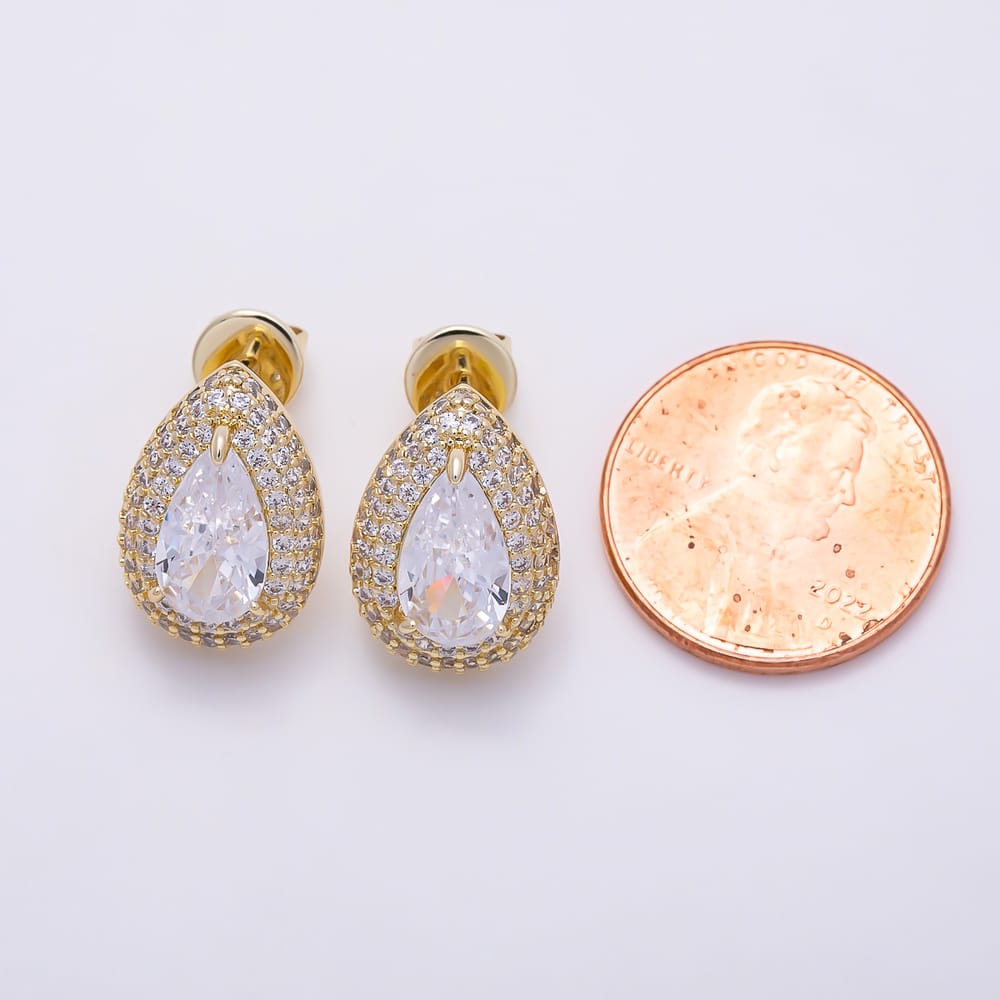 16K Gold Filled 16mm Micro Paved CZ Teardrop Bezel Stud Earrings | Earrings-00953