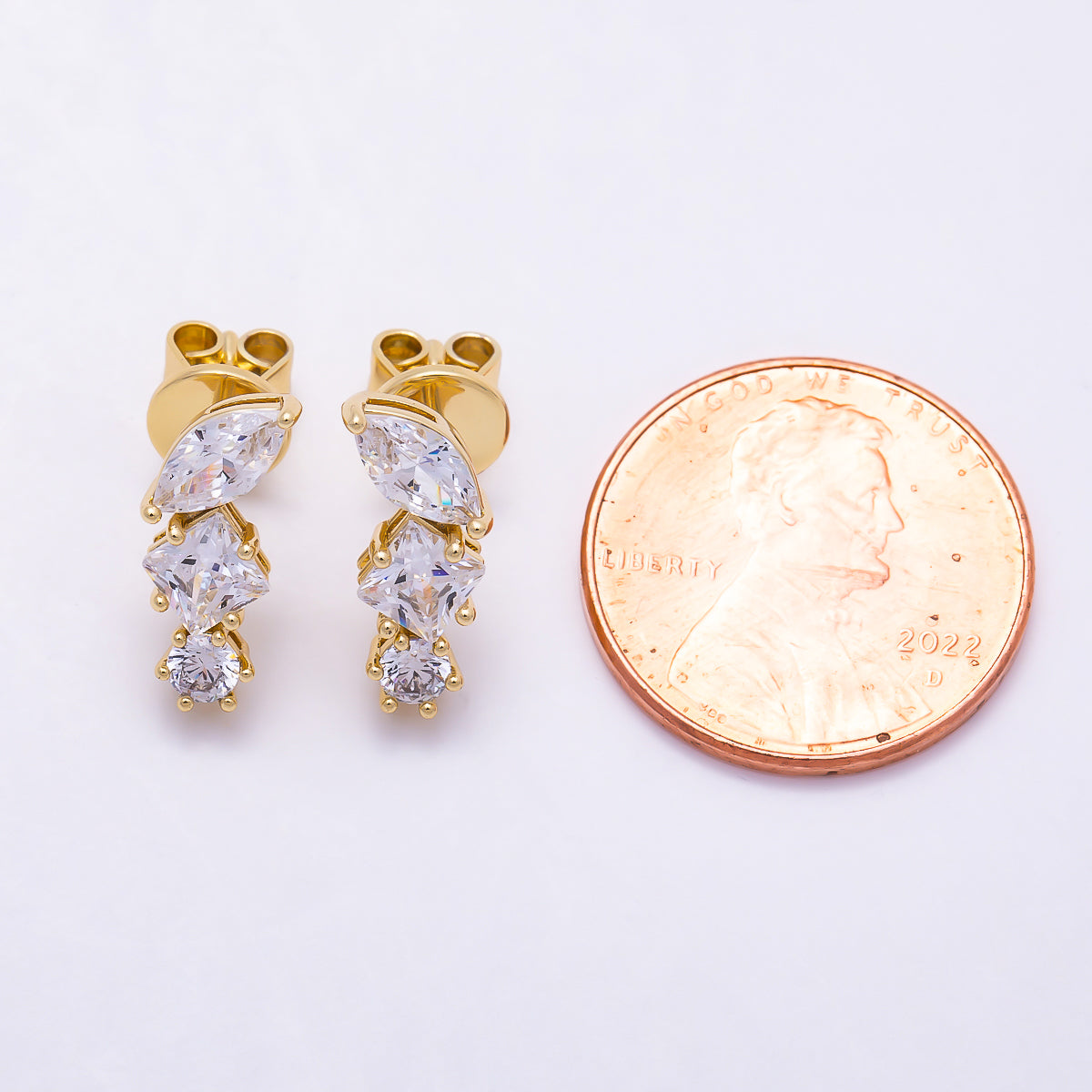 16K Gold Filled 14mm Multi-Cut Marquise & Princess CZ Cluster Stud Earrings | Earrings-00834